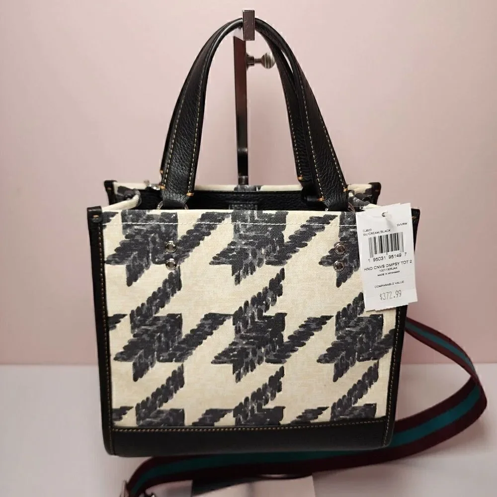 COACH CJ623 Dempsey Tote 22 Canvas & Leather Houndstooth Print Patch Cream
